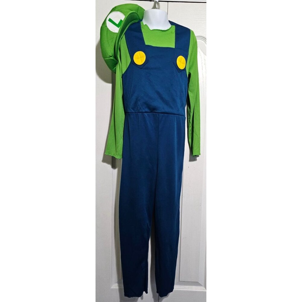 Luigi Kids Costume 10-12 Super Mario Bros Halloween Nintendo Hat Jumpsuit Boys